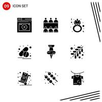 colección de 9 iconos vectoriales en estilo sólido símbolos de glifo perfecto de píxel para web y móvil signos de icono sólido sobre fondo blanco 9 iconos fondo de vector de icono negro creativo