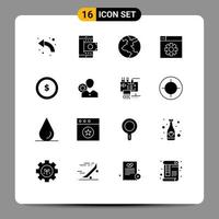 Group of 16 Modern Solid Glyphs Set for coin setting shopping design world Editable Vector Design Elements
