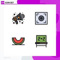 conjunto moderno de 4 colores planos de línea de llenado pictografía de anuncios fruta altavoz video rebanada elementos de diseño vectorial editables vector