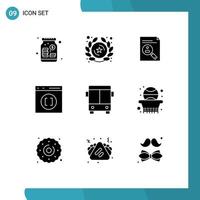 Pack of 9 Modern Solid Glyphs Signs and Symbols for Web Print Media such as development coding application browser resume Editable Vector Design Elements