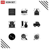 Mobile Interface Solid Glyph Set of 9 Pictograms of chemistry love cleaning home spray Editable Vector Design Elements