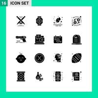 16 Thematic Vector Solid Glyphs and Editable Symbols of handgun transformation pod exchange currency Editable Vector Design Elements