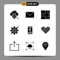 9 Black Icon Pack Glyph Symbols Signs for Responsive designs on white background 9 Icons Set Creative Black Icon vector background