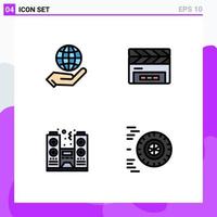 4 Universal Filledline Flat Color Signs Symbols of global night hand clapperboard spectator Editable Vector Design Elements