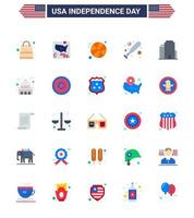 Happy Independence Day 4th July Set of 25 Flats American Pictograph of building office basketball building bat Editable USA Day Vector Design Elements