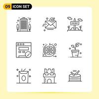 9 iconos creativos para el diseño moderno de sitios web y aplicaciones móviles receptivas 9 signos de símbolos de contorno sobre fondo blanco 9 paquete de iconos fondo de vector de icono negro creativo