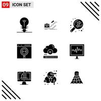 conjunto perfecto de píxeles de 9 iconos sólidos conjunto de iconos de glifo para el diseño de sitios web y la interfaz de aplicaciones móviles fondo de vector de icono negro creativo