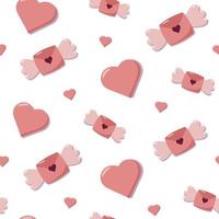 Valentine day concept seamless pattern with vector cute cartoon elements, letters with wings and hearts. Pink background for wrapping paper and gift boxes