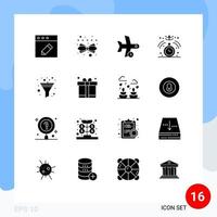 Modern Set of 16 Solid Glyphs Pictograph of funnel medical flight hypnosis clock Editable Vector Design Elements