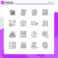 Pack of 16 creative Outlines of planet globe share mobile document shield Editable Vector Design Elements
