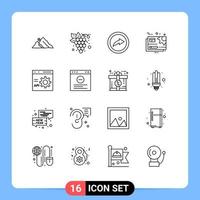Pack of 16 Modern Outlines Signs and Symbols for Web Print Media such as browser setting organic gear document Editable Vector Design Elements