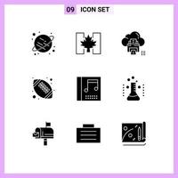 Mobile Interface Solid Glyph Set of 9 Pictograms of media high school data football american ball Editable Vector Design Elements