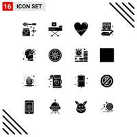 Pack of 16 Modern Solid Glyphs Signs and Symbols for Web Print Media such as hold diamond health business lab Editable Vector Design Elements