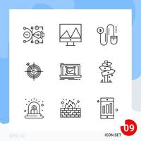 Modern Pack of 9 Icons Line Outline Symbols isolated on White Backgound for Website designing Creative Black Icon vector background