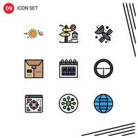 Editable Vector Line Pack of 9 Simple Filledline Flat Colors of calendar e real estate commerce satellite Editable Vector Design Elements