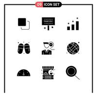 User Interface Pack of 9 Basic Solid Glyphs of clock slippers thanks sauna sandal Editable Vector Design Elements