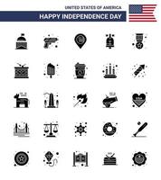 feliz día de la independencia 25 paquete de iconos de glifos sólidos para web y premio de impresión signo de anillo de arma estadounidense editable elementos de diseño vectorial del día de EE. UU. vector