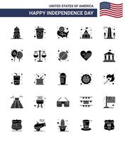 feliz día de la independencia 25 paquete de iconos de glifos sólidos para web e impresión vista puntos de referencia estados carpa campamento elementos de diseño de vector de día de estados unidos editables