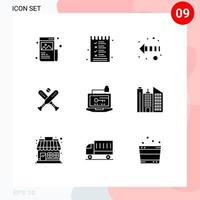 Pack of 9 Modern Solid Glyphs Signs and Symbols for Web Print Media such as computer bats options bat ball Editable Vector Design Elements