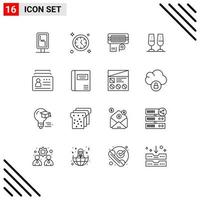 Mobile Interface Outline Set of 16 Pictograms of document badge connection toasting champagne glasses Editable Vector Design Elements