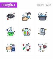 9 Filled Line Flat Color Set of corona virus epidemic icons such as medicine bottle research basin lab test viral coronavirus 2019nov disease Vector Design Elements