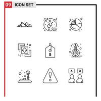 Modern Set of 9 Outlines Pictograph of price finder wedding love divide pie Editable Vector Design Elements