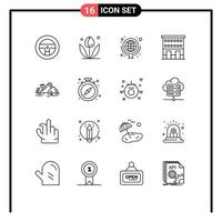User Interface Pack of 16 Basic Outlines of hill shops globe shop front house Editable Vector Design Elements