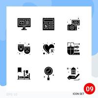 Modern Set of 9 Solid Glyphs and symbols such as heart breast photography happy sad roles Editable Vector Design Elements