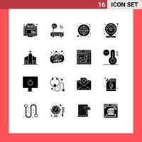 Mobile Interface Solid Glyph Set of 16 Pictograms of review number router location shape Editable Vector Design Elements