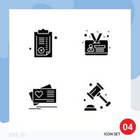 Pack of 4 Modern Solid Glyphs Signs and Symbols for Web Print Media such as document heart prescription identity card insurance Editable Vector Design Elements