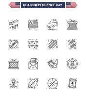Happy Independence Day USA Pack of 16 Creative Lines of rugby independence day big gun independece drum Editable USA Day Vector Design Elements