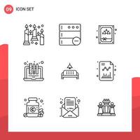 Pack of 9 Universal Outline Icons for Print Media on White Background Creative Black Icon vector background