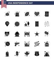 4th July USA Happy Independence Day Icon Symbols Group of 25 Modern Solid Glyph of american declaration of independence hotdog declaration heart Editable USA Day Vector Design Elements