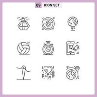 User Interface Pack of 9 Basic Outlines of meditation clock eco play basketball Editable Vector Design Elements