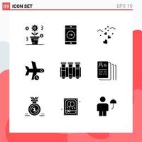 Group of 9 Modern Solid Glyphs Set for test transport hearts plane delay Editable Vector Design Elements