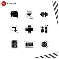 Group of 9 Modern Solid Glyphs Set for science print dumbbell printing right Editable Vector Design Elements