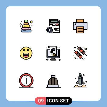 Editable Vector Line Pack of 9 Simple Filledline Flat Colors of chart kpi printer dashboard happy Editable Vector Design Elements