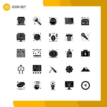Pack of 25 Modern Solid Glyphs Signs and Symbols for Web Print Media such as fm radio day script computer Editable Vector Design Elements