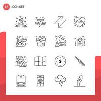 Pack of 16 Universal Outline Icons for Print Media on White Background Creative Black Icon vector background