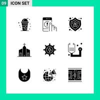 Set of 9 Modern UI Icons Symbols Signs for gear historic action church building Editable Vector Design Elements