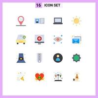 Flat Color Pack of 16 Universal Symbols of plus car device add sun Editable Pack of Creative Vector Design Elements