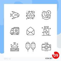 Modern Pack of 9 Icons Line Outline Symbols isolated on White Backgound for Website designing Creative Black Icon vector background