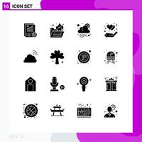 Set of 16 Vector Solid Glyphs on Grid for sky cloud cloudy heart gesture Editable Vector Design Elements