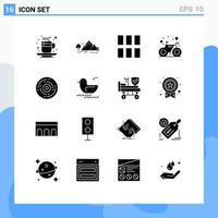 Pack of 16 Modern Solid Glyphs Signs and Symbols for Web Print Media such as gym bike mountain bicycle image Editable Vector Design Elements