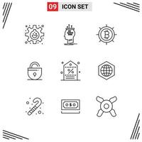 Universal Icon Symbols Group of 9 Modern Outlines of promotion discount thinking internet locked Editable Vector Design Elements