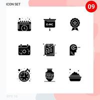 Pack of 9 creative Solid Glyphs of analysis date badge calender trusted Editable Vector Design Elements
