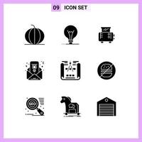 Pack of 9 creative Solid Glyphs of sketch blueprint lightbulb email feminism chat Editable Vector Design Elements