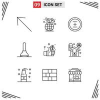 Modern Set of 9 Outlines Pictograph of safe earth circle tool plunger Editable Vector Design Elements