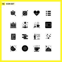 Mobile Interface Solid Glyph Set of 16 Pictograms of start up laptop beat write task Editable Vector Design Elements