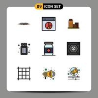 Mobile Interface Filledline Flat Color Set of 9 Pictograms of match box camping pie office real Editable Vector Design Elements